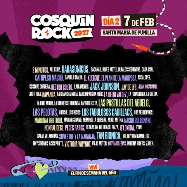 Flyer oficial de Cosquín Rock, 7 de febrero en Aeródromo Santa María de Punilla