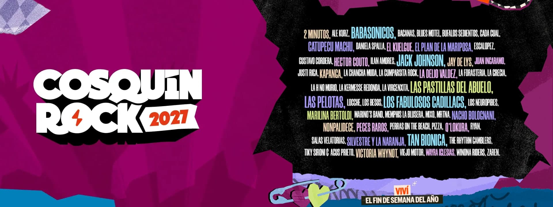 Flyer oficial de Cosquín Rock, 7 de febrero en Aeródromo Santa María de Punilla